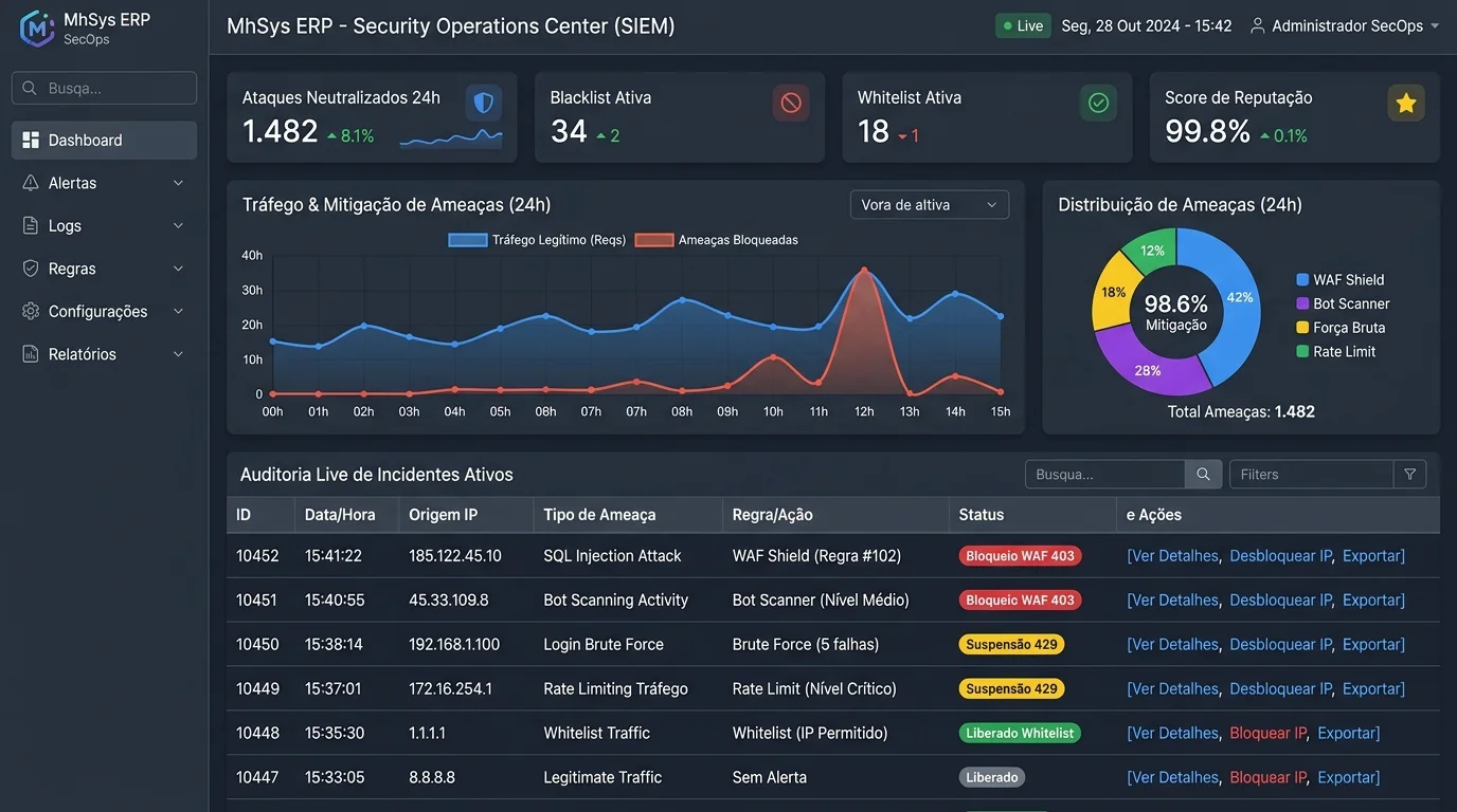 Cockpit da Central de Segurança & SecOps SIEM - MhSys ERP